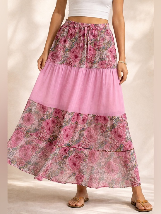Vintage Dresses & Skirts - Vintage Boho Tiered Summer Maxi Skirt Sheer Panel Floral Romantic One Size S-L